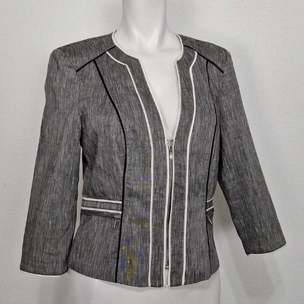 White House Black Market Grey Linen Blend Zip Front Jacket/W Contrast Trim Sz. 4